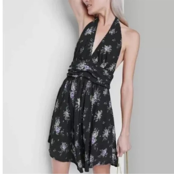 NEW Wild Fable Juniors XXL Black Floral Crepe Halter Dress Lined Tie Around Neck - Picture 10 of 11